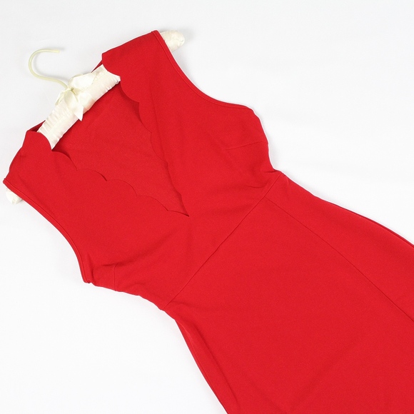 Plunging Neck Scallop Edge Slit Bodycon Dress Red - Picture 6 of 8